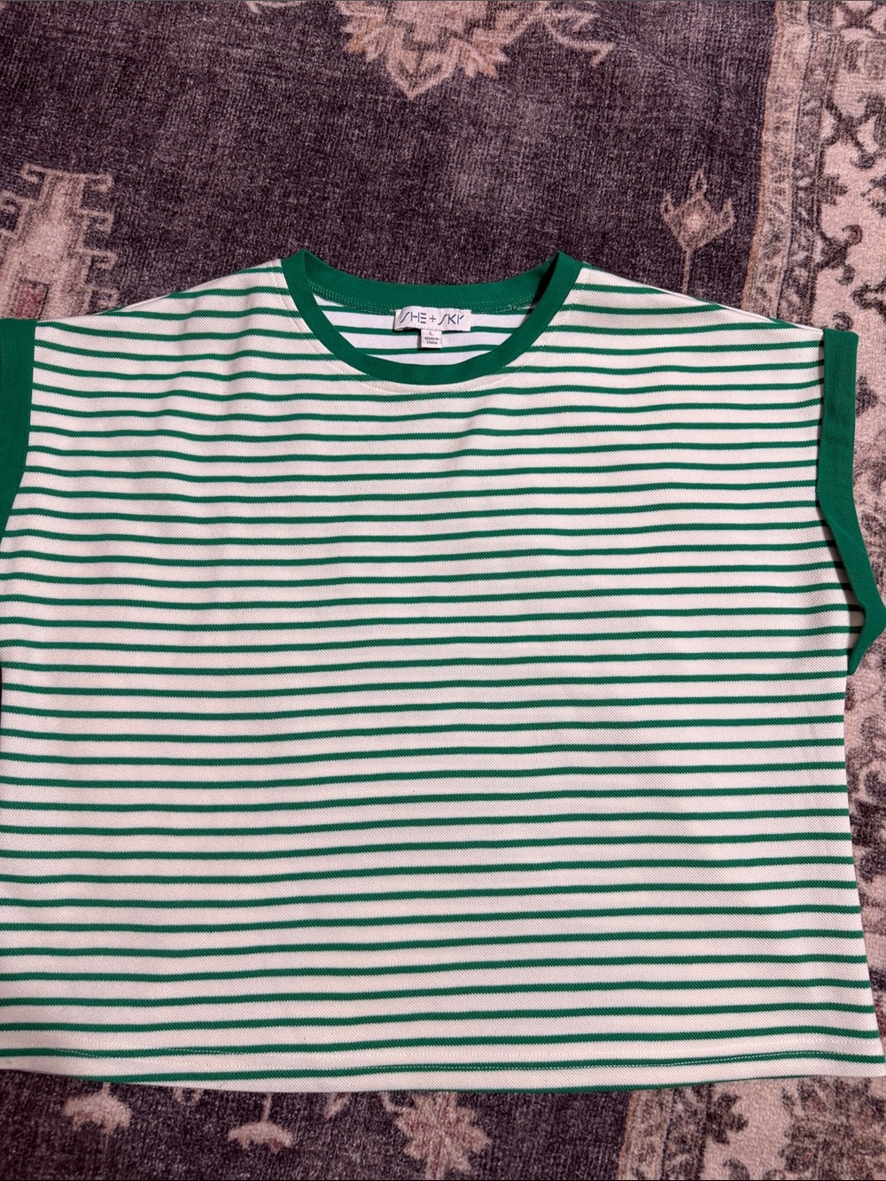 She + Sky Green and White Striped Short Sleeve Tee